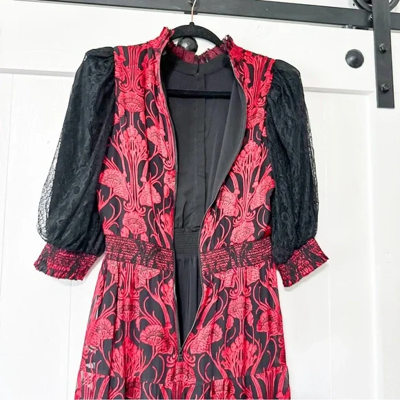 Alice + Olivia Coletta Embroidered Maxi Dress Silk Red Black Size 4 - Picture 7 of 8